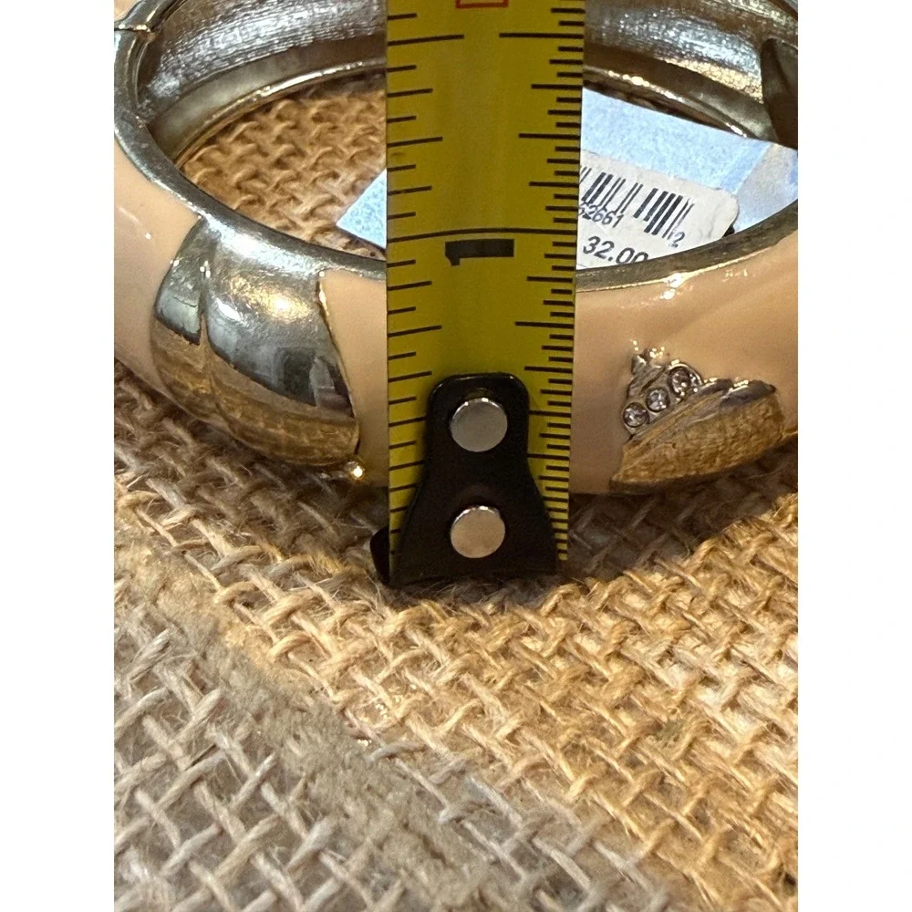 Cream Enamel Shell Clamper Bracelet Silver Tone Crystal Accents Nautical Preppy